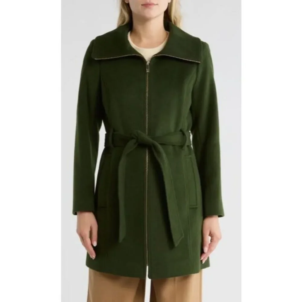 Michael Kors Womens Green Wool Blend Full Zip Belt Mid Length Pea Coat Sz M New